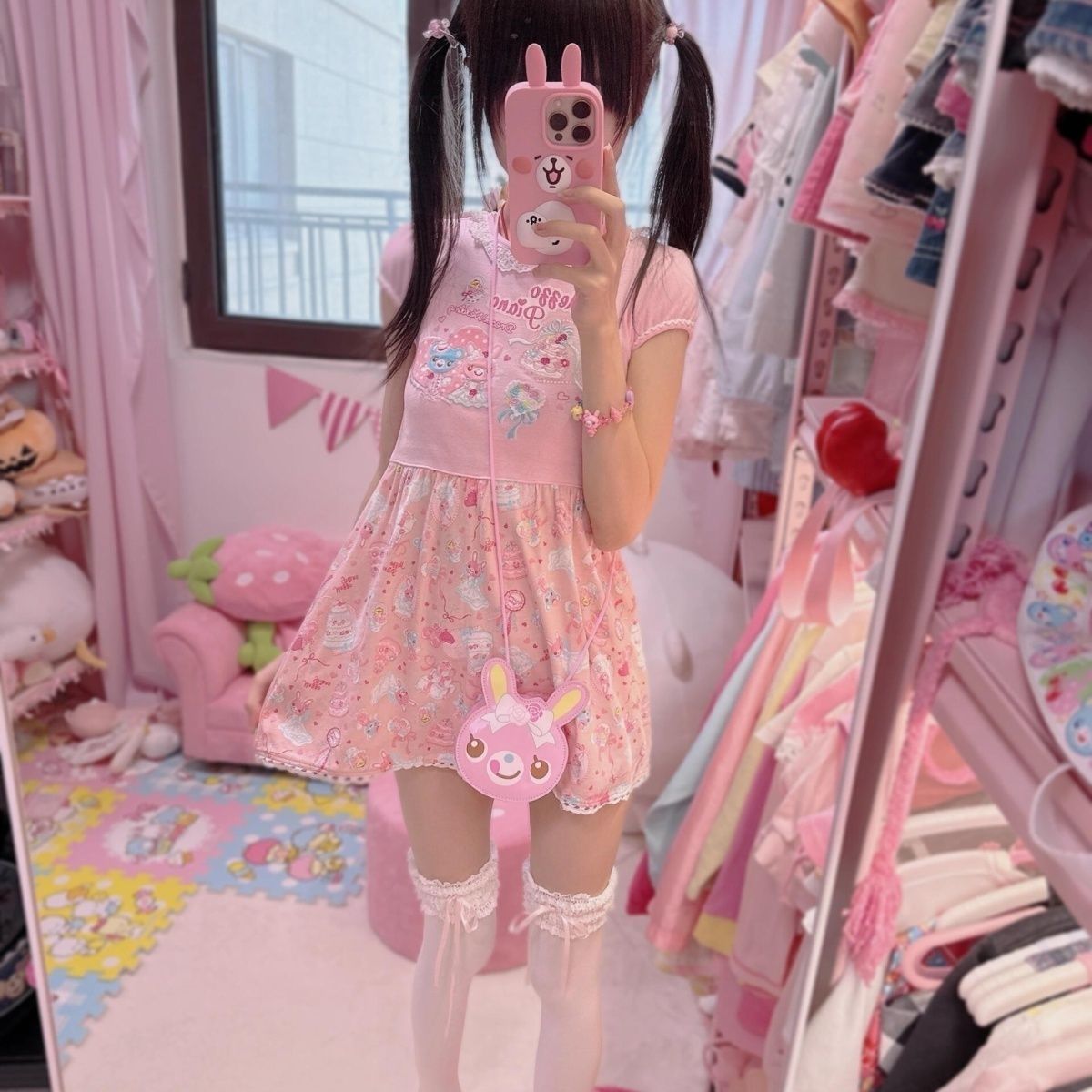 夏半袖 Tシャツドレスかわいいウサギのプリントソフトガールスカート甘い漫画スタイルリバイバル娘のドレス A ラインスカート