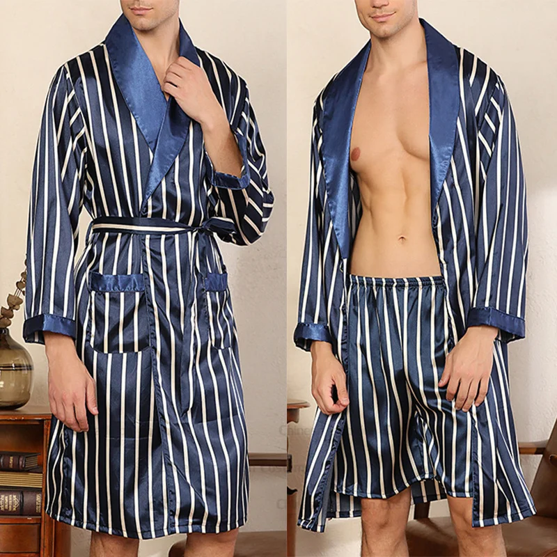 プラスサイズ 3Xl 4Xl 5Xl ローブ男性シルクステインナイトウェアパジャマ衣装ブルー着物バスローブスーツプリントペニョワールパンツショーツセット