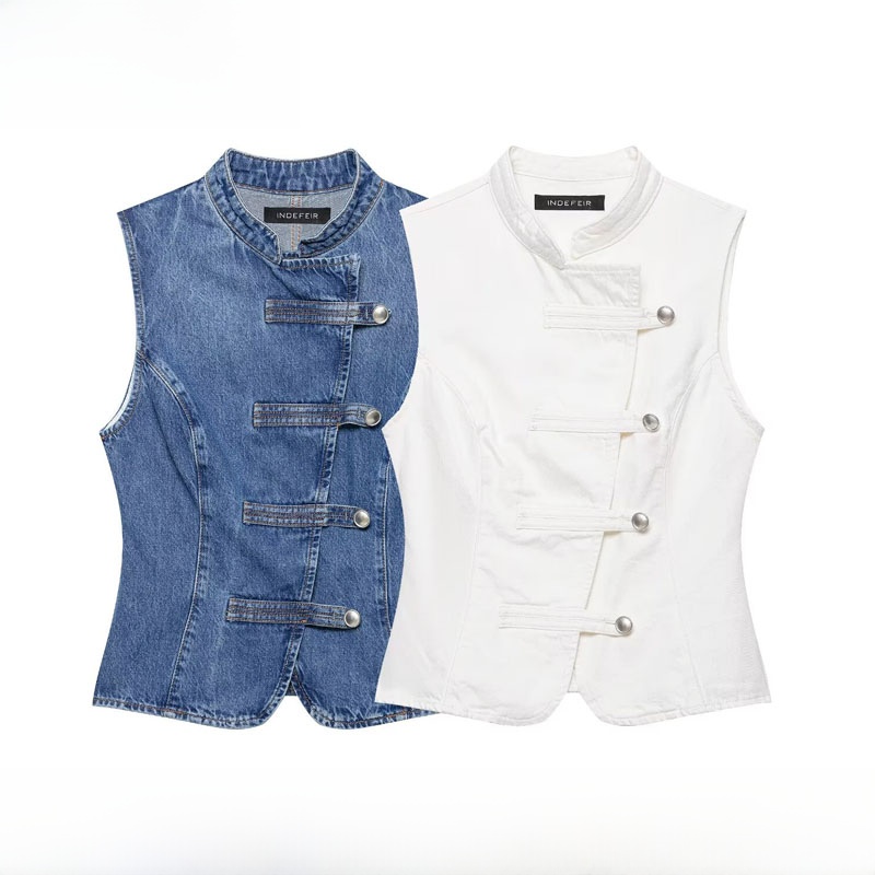 ファッショナブルな女性のデニムトップ、ロープノットバックル ZR スタイル春夏新到着スリムフィットラウンドネックノースリーブポリエステル...