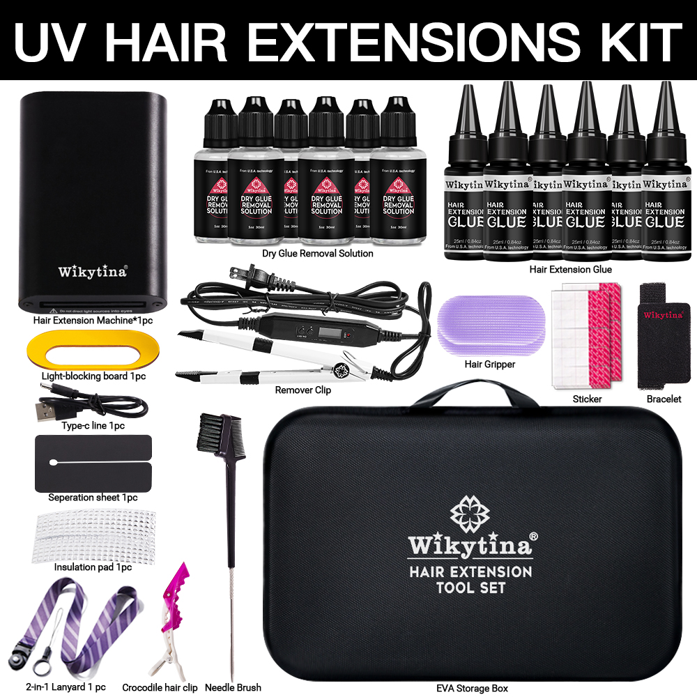プロフェッショナル UV ライト ヘアエクステンション キット 2025 V ライト ツール接着剤と硬化ライター付き家庭用またはサロン用