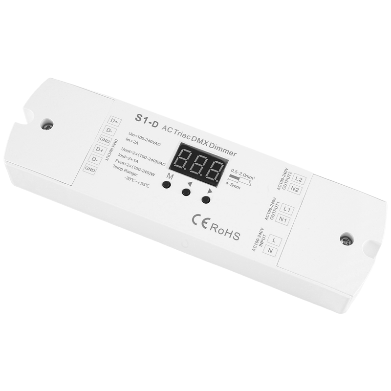 LICE-AC100V - 240V 288W 2CH トライアック DMX LED 調光器、デュアルチャンネル出力シリコン DMX512 LED コントローラーデジタルディスプレイ S1-D ホワイト