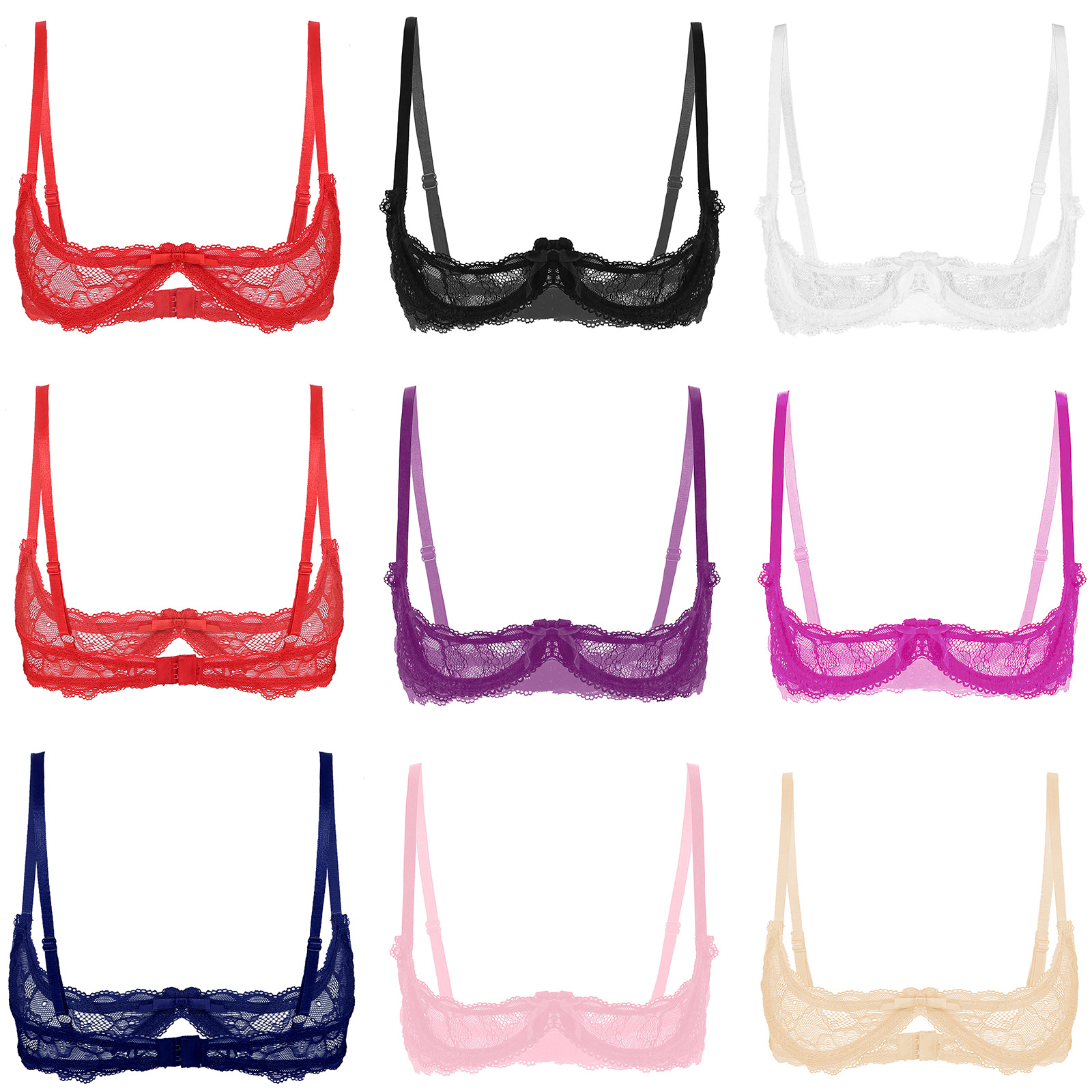 女性のセクシーな薄手のレースのランジェリーブラトップシースルー 1/4 カップオープン乳首 Bralette プッシュアップアンダーブラジャー下着ナイトウェア