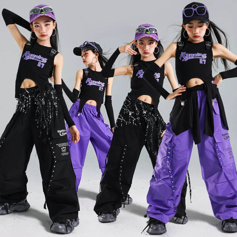 K-pop ガールズクロップタンクトップストリートダンスカーゴジョガーパンツ子供ヒップホップジャズショーツ服セット子供ストリート衣装