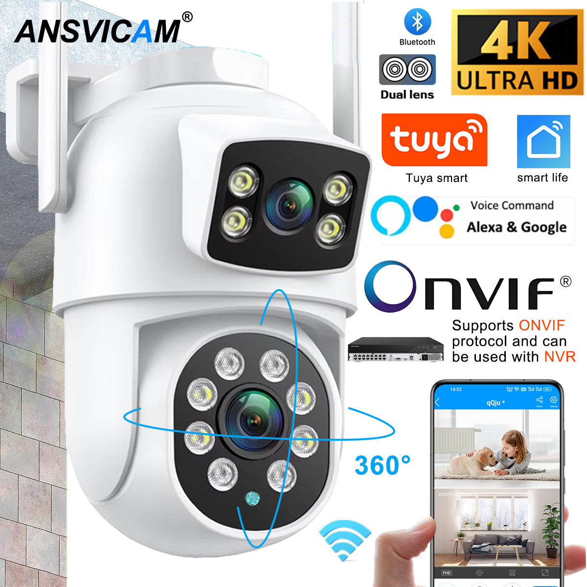 ANSVICAM Tuya Wifi IP カメラ 8K Alexa Google Onvif NVR デュアルレンズカメラ PTZ 屋外 4K デュアルスクリーン自動追跡ナイト Mod