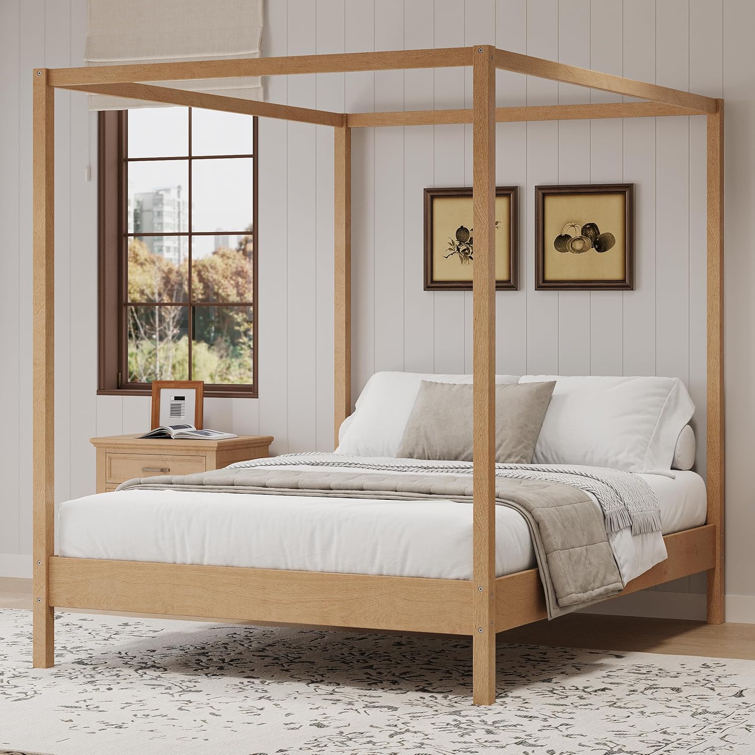 Queen Canopy Bed Frame Solid Pine & Engineered Wood Slats Support No Box Spring Bedroom Living Room Natural Finish, Customized