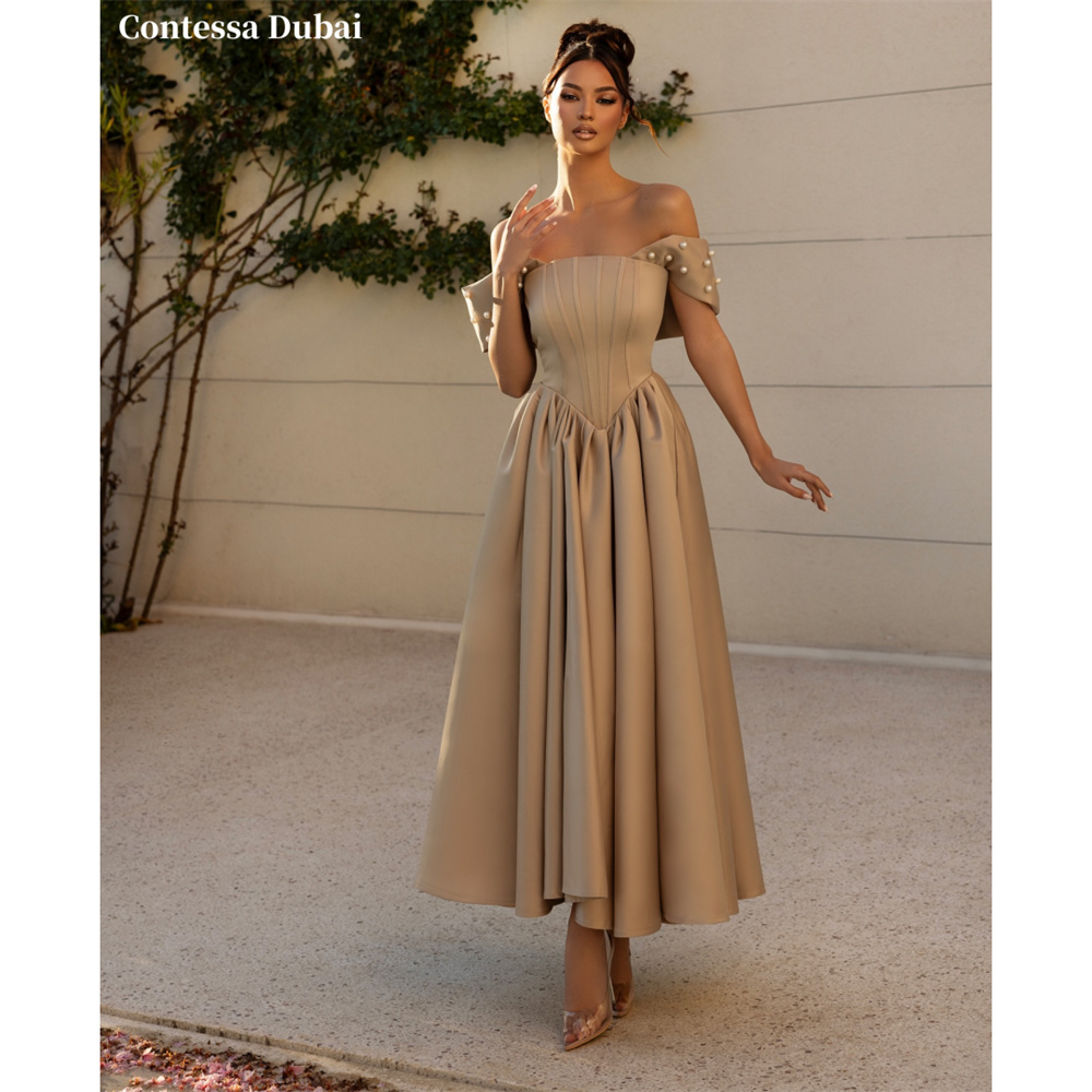 Contessa カスタムシャンパンオフショルダーイブニングドレスパールコルセットウエディングドレスサテン Vestidos De Noche フォーマルイブニング