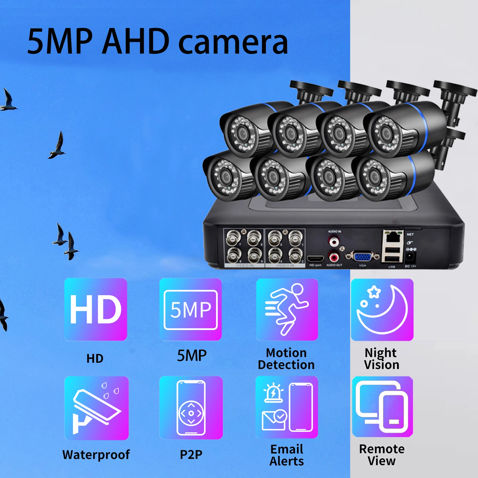 Gadinan 8CH/4CH 5MP HD 1080P AHD カメラキット 5 in 1 ビデオレコーダー CCTV 監視システム ナイトビジョン ホームセキュリティ保護