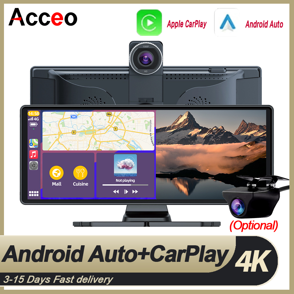 ACCEO 4K ダッシュカム 10.26 フィート オールインワン カーステレオ Android Auto Carplay 内蔵 WiFi Bluetooth サポート GPS 1080P リアカメラ