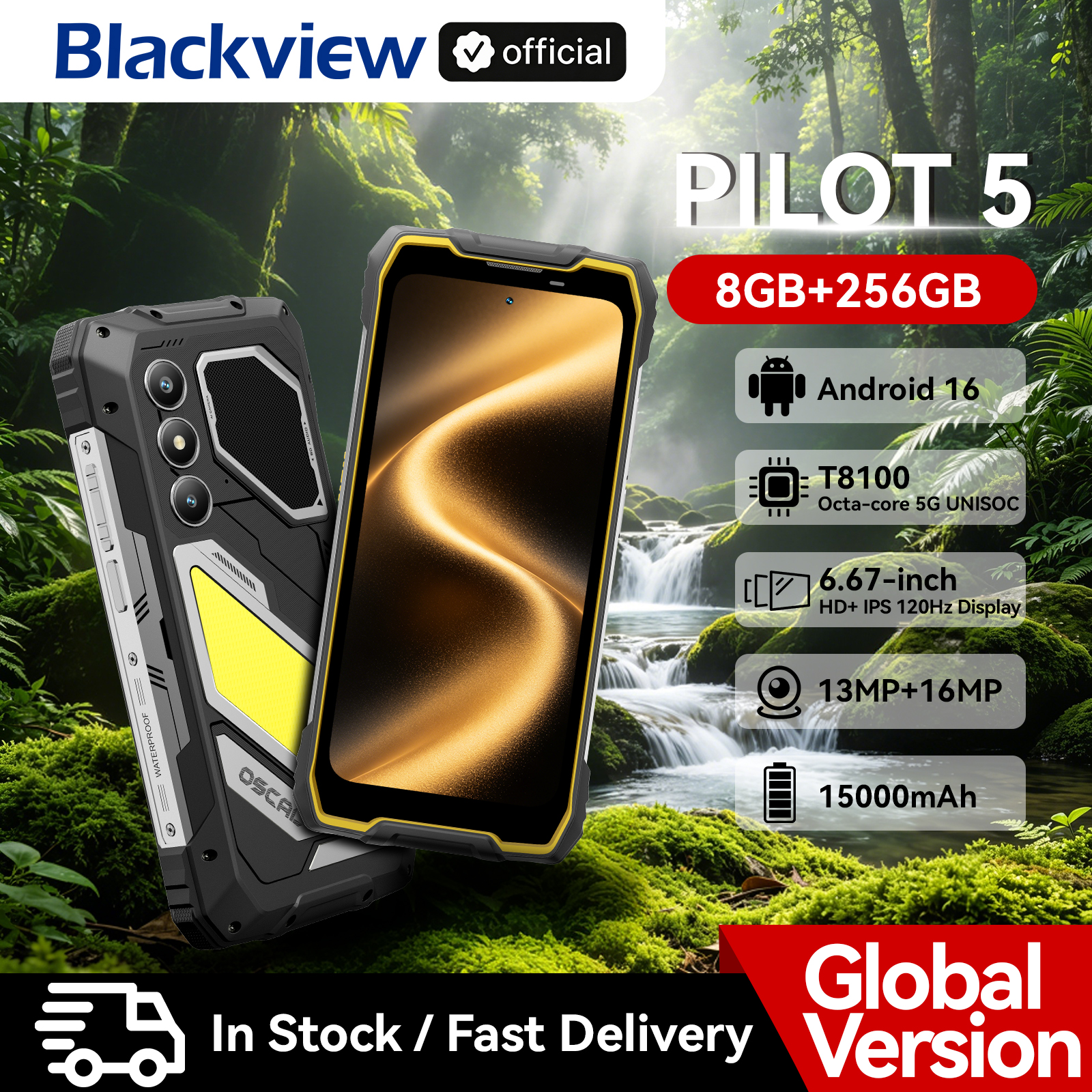 Blackview OSCAL PILOT 5 5G 携帯電話 AI 頑丈なスマートフォン UNISOC T8100 6.67' 2.4K ディスプレイ 120Hz、8GB 256GB、15000mAh 電話