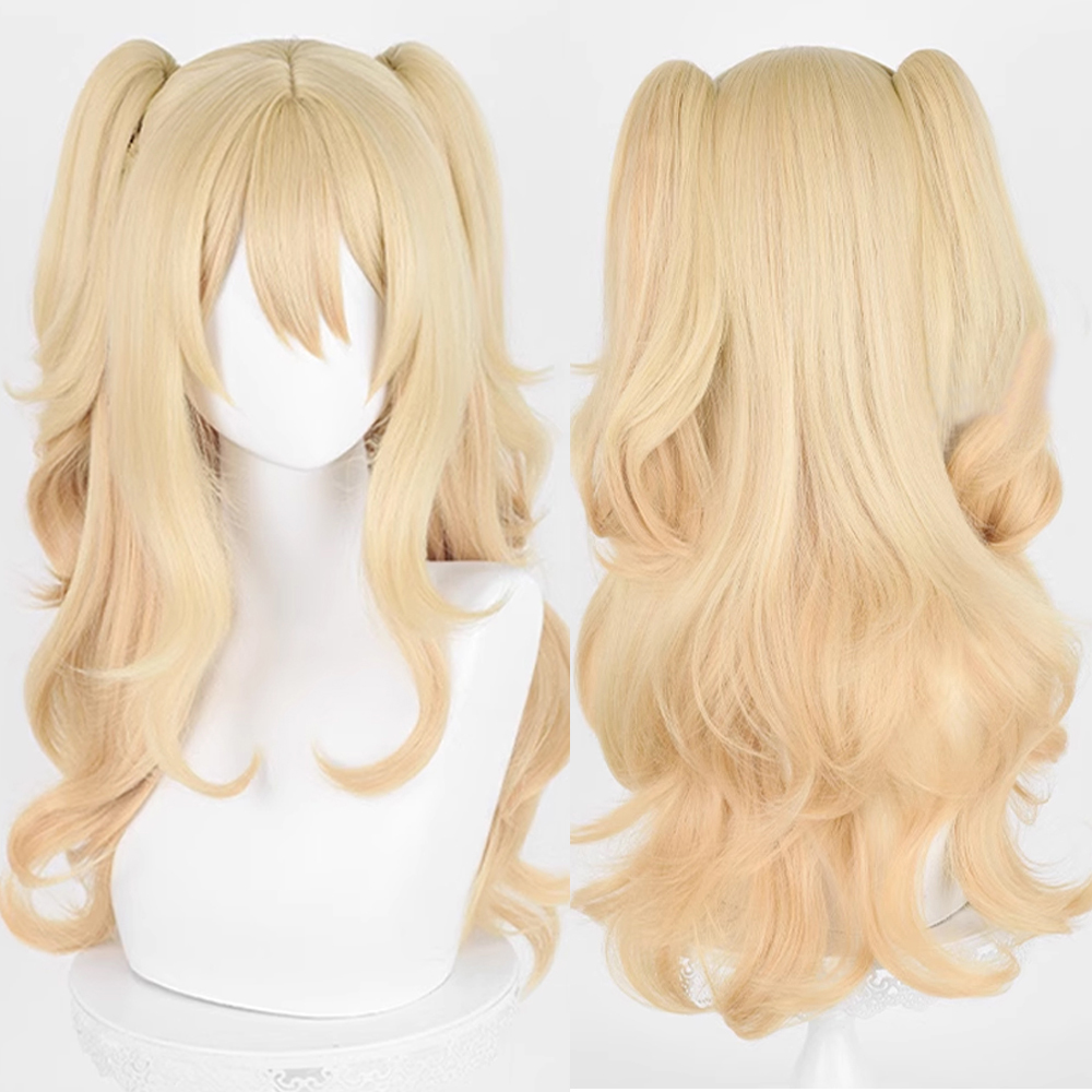 オンブルブロンドロングダブルポニーテール波状合成かつら前髪付きアニメゲームコスプレふわふわ耐熱ウィッグ毎日のパーティー