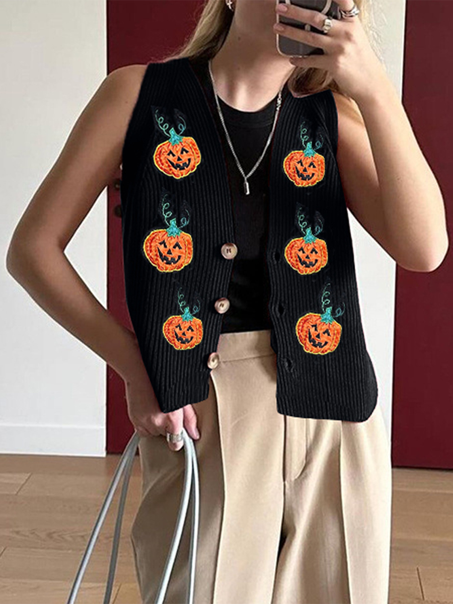 レディース ハロウィン セーター ベスト パンプキン V ネック ノースリーブ ボタンダウン ニット カーディガン カジュアル ストリート