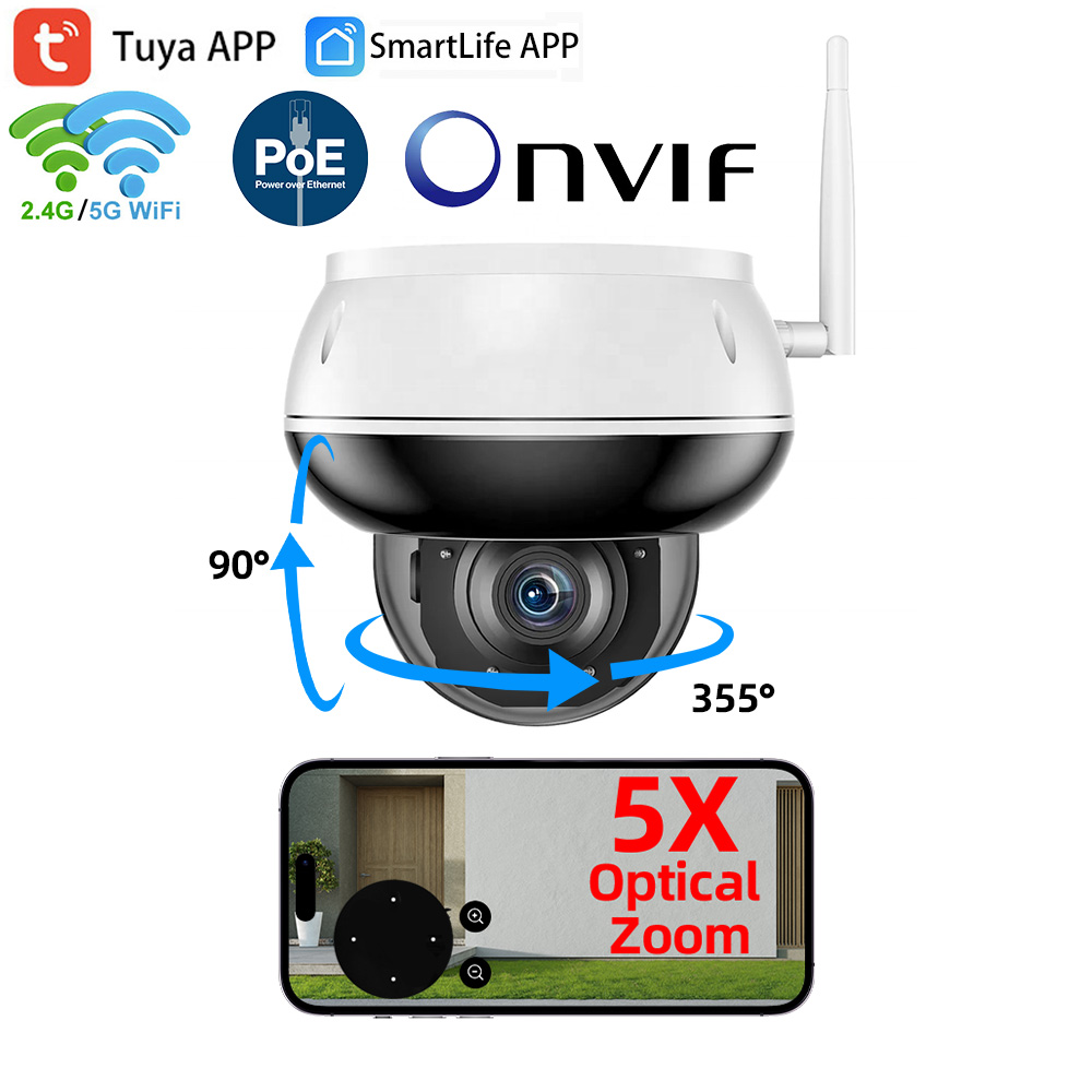 5MP Tuya WiFi POE Onvif 5X 光学ズーム 屋外 PTZ モーション追跡 IR オーディオ ビデオ セキュリティ CCTV カメラ システム SmartLife アプリ