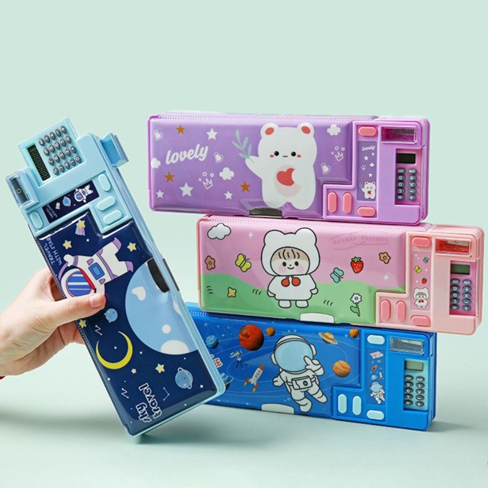 プラスチック製ペンケース、楽しいメカニズムデザイン、電卓/鉛筆削り付き、文房具収納ボックス、大容量、多機能