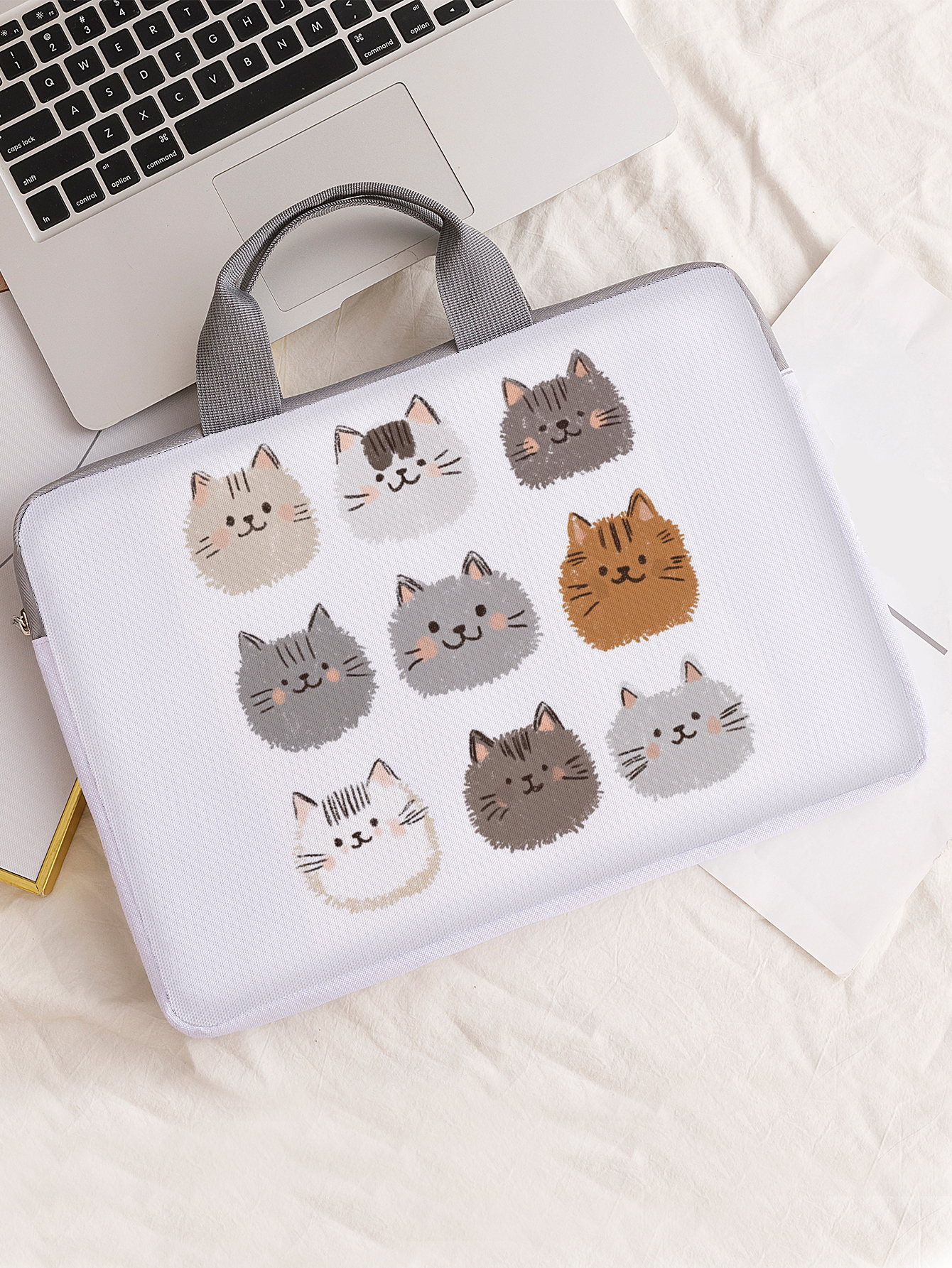 1 セット、2 つのスタイル、猫の顔のパターンがプリントされたラップトップ スリーブ、ブリーフケース、14 インチのラップトップに最適