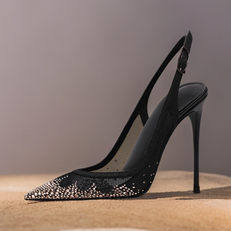 Nude black mesh shape rhinestone pointed toe backless strappy high-heeled sandals sexy toe-up new large size high-heeled shoes