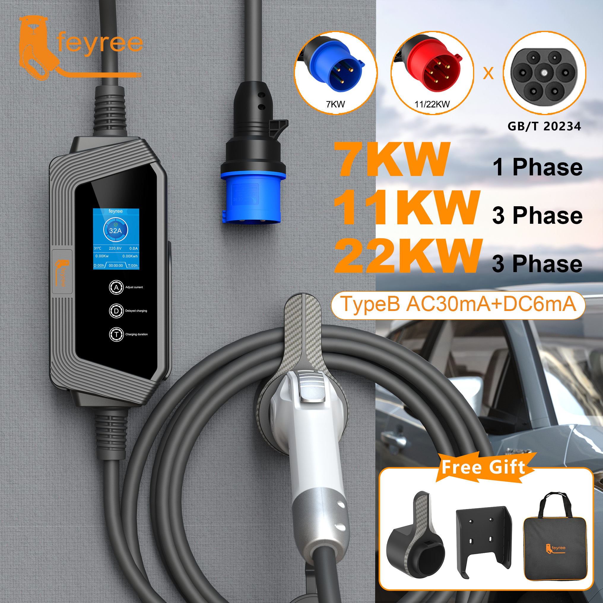 Feyree EV 充電器 GBT プラグ 7KW 32A 1P 5M ケーブル 22KW 11KW 3P 急速充電電気自動車車 EVSE ポータブル充電ボックス