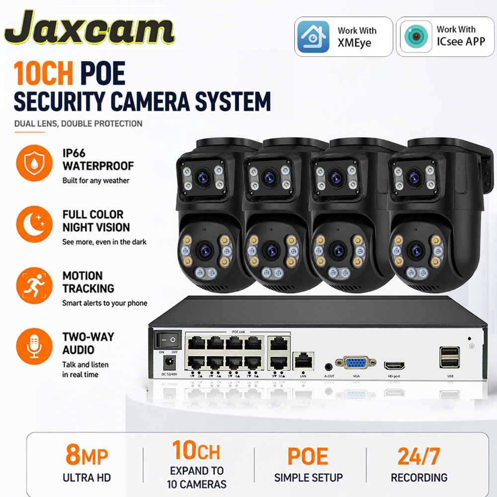 デュアルレンズ 8MP POE PTZ IP カメラシステム屋外 4K PTZ ホームセキュリティカメラセット双方向オーディオ 10CH 4K PoE NVR キット ICsee/XMeye