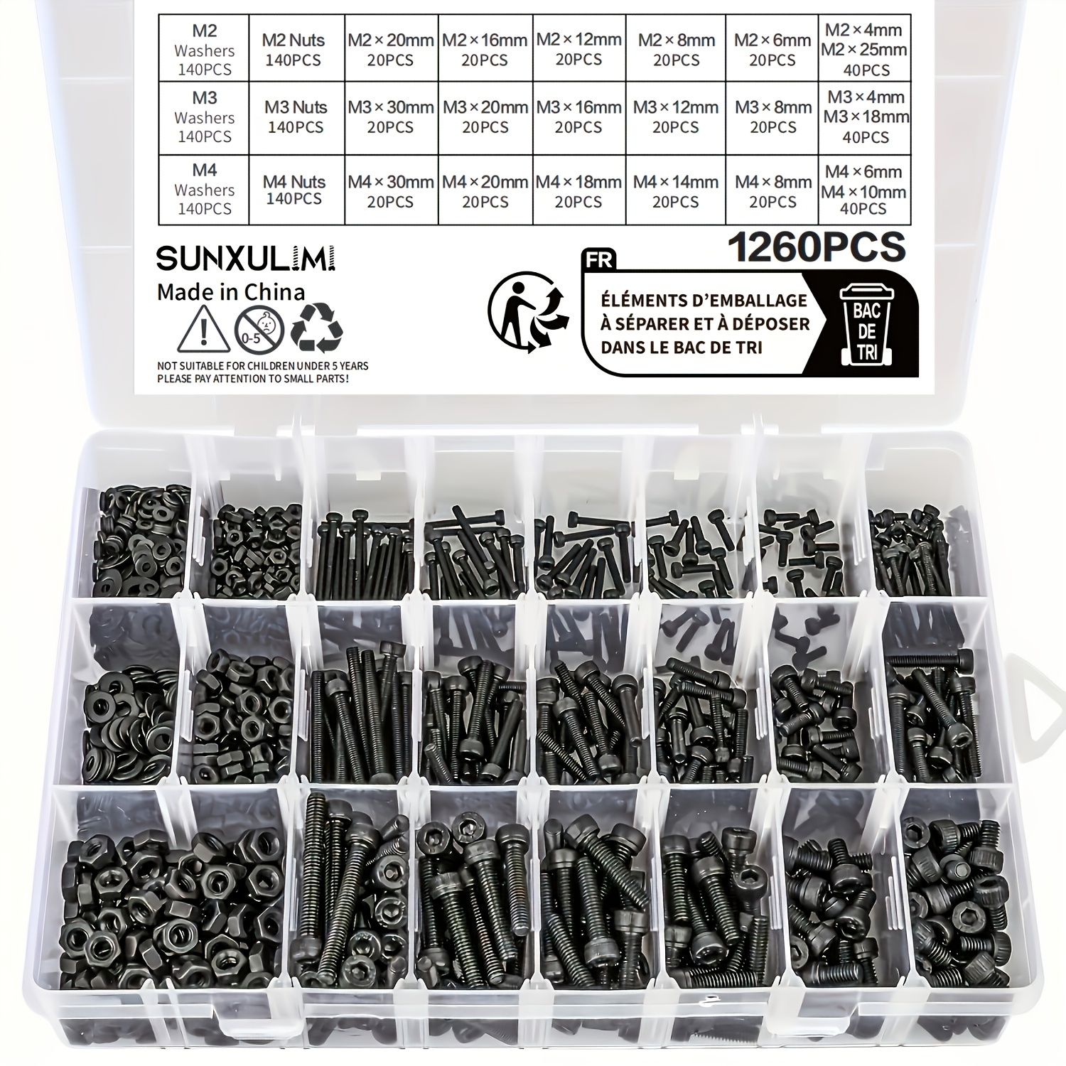 1260 個メトリックボルト詰め合わせ - M2 M3 M4、21 サイズ 4MM から 30MM 12.9 合金鋼ボルトとナットキット