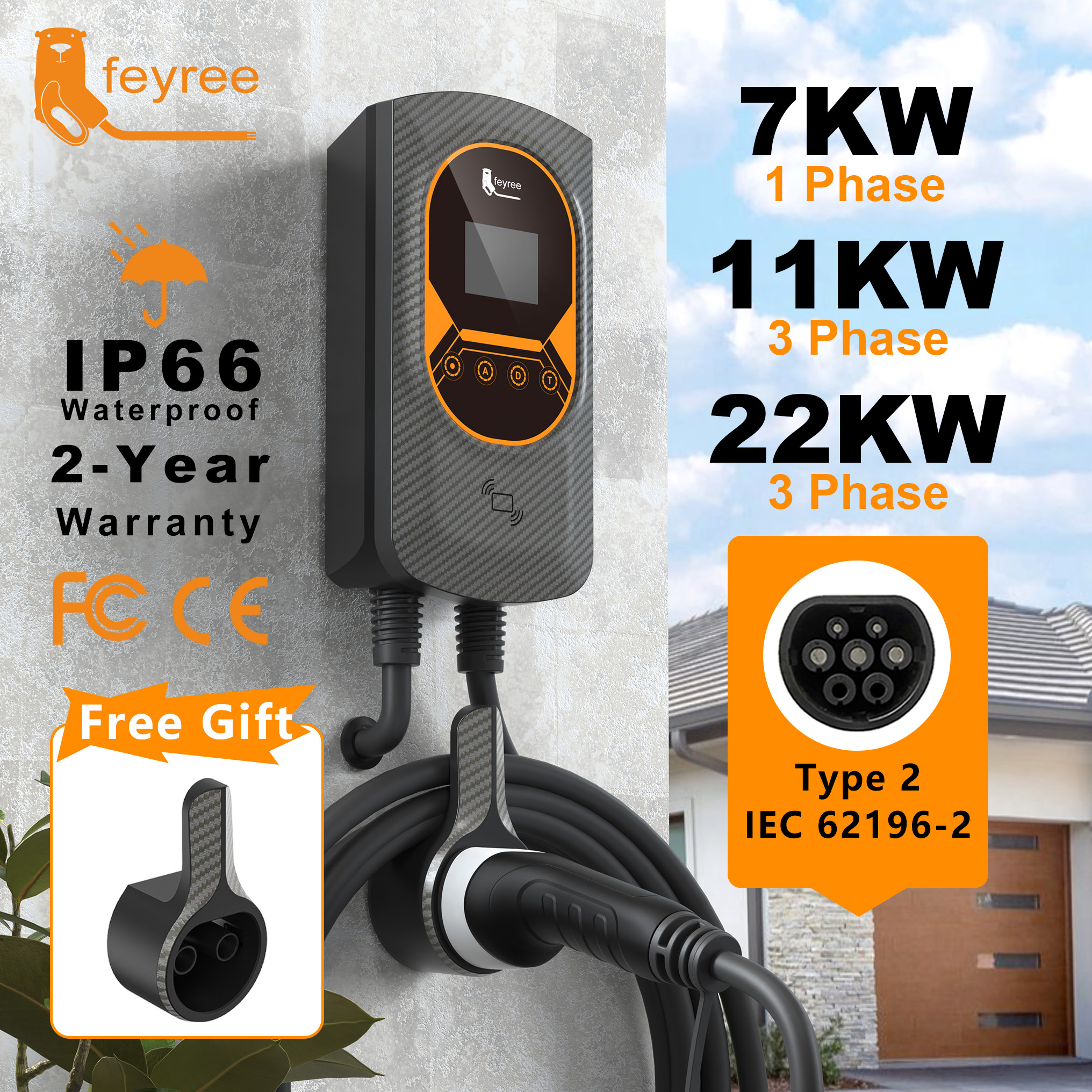 Feyree EV 充電器 Type2 32A 7.6kW EVSE ウォールボックス 2.8 インチ画面電流調整可能な壁掛け充電ステーション電気自動車用