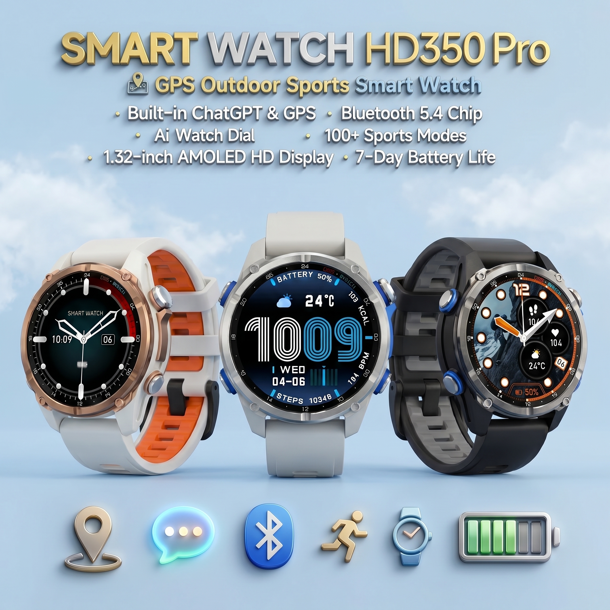 2026 HD350pro スマートウォッチ 1.32 ''AMOLED GPS 腕時計男性用 Bluetooth 通話屋外スポーツ健康モニタリング防水スマートウォッチ