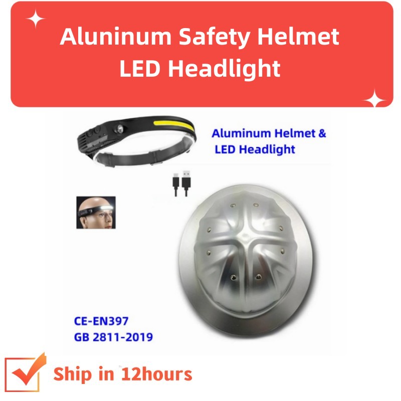LEDヘッドライト付き認定アルミニウム構造安全ヘルメットフルつば工業用ヘルメットUSB C充電マイナーヘルメット