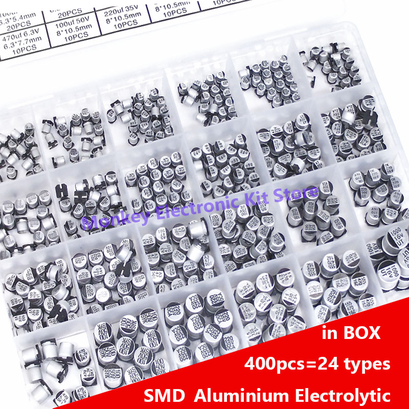 400 個のコンデンサキットアルミ電解 SMD コンデンサーエレクトロリティクス 1uF 〜 1000uF 6.3V-50V 24 値ボックスキット修理