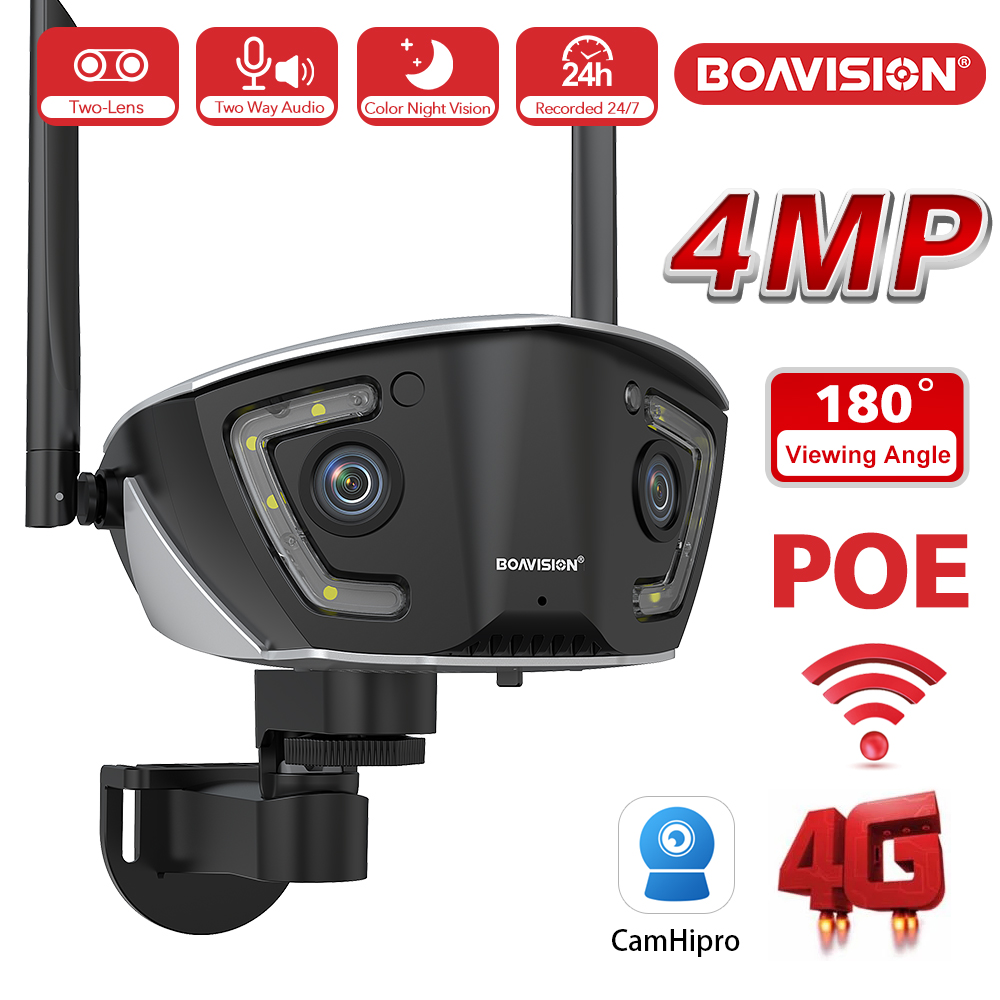 4MP 4G屋外Wifi監視カメラPOEデュアルレンズ180°超広角カラーナイトビジョンセキュリティカメラCamhiproアプリ