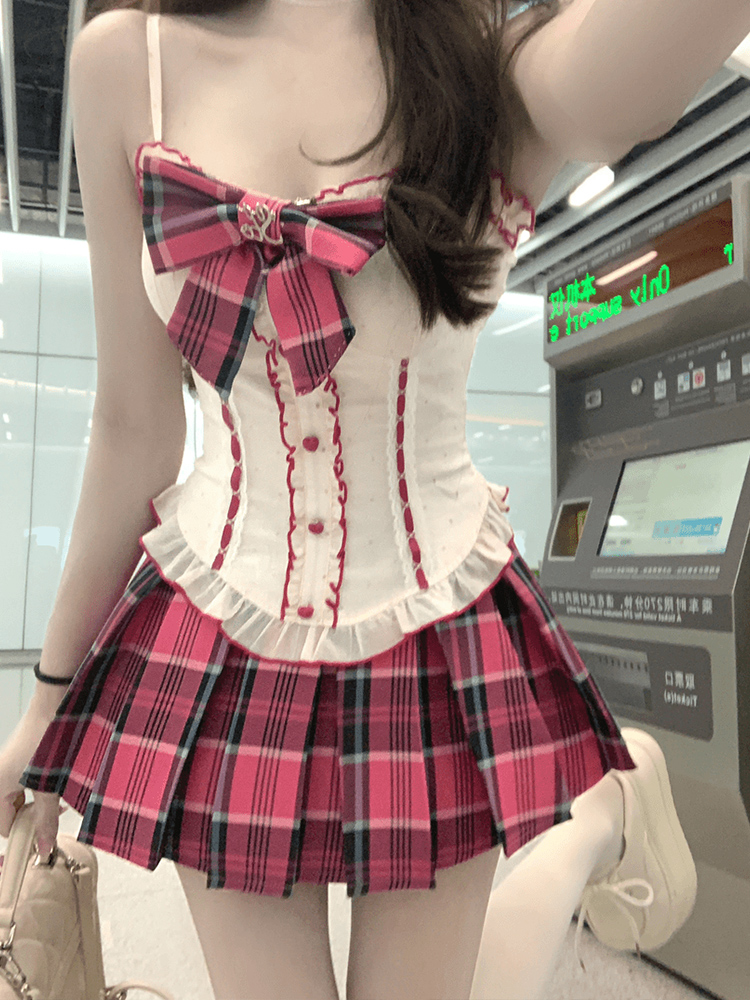 日本のかわいい甘い夏の女性の 2 ピースセット Y2k リボントップスチェック柄プリーツミニスカート原宿かわいい女性のシックな衣装 2025