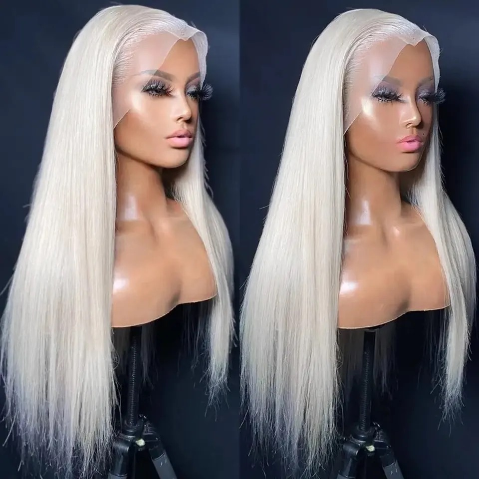 ロングシルキーストレートホワイトブロンドカラー合成13X4 HDレースフロントウィッグ黒人女性用Prepuckedベビーヘアーグルーレスウィッグ