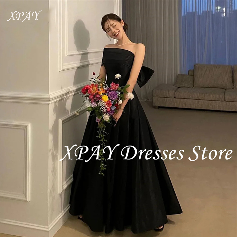 XPAY エレガントな黒のイブニングドレス韓国結婚式の写真撮影ストラップレスリボンバックプリンセスフォーマルパーティードレスカスタマイズ