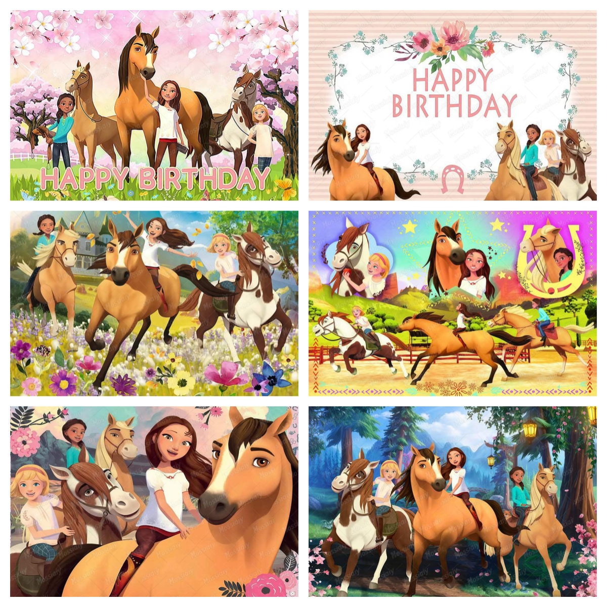 漫画スピリット乗馬パーティー男の子と女の子の誕生日パーティーの背景スピリット馬のテーマ写真パーティーの装飾背景