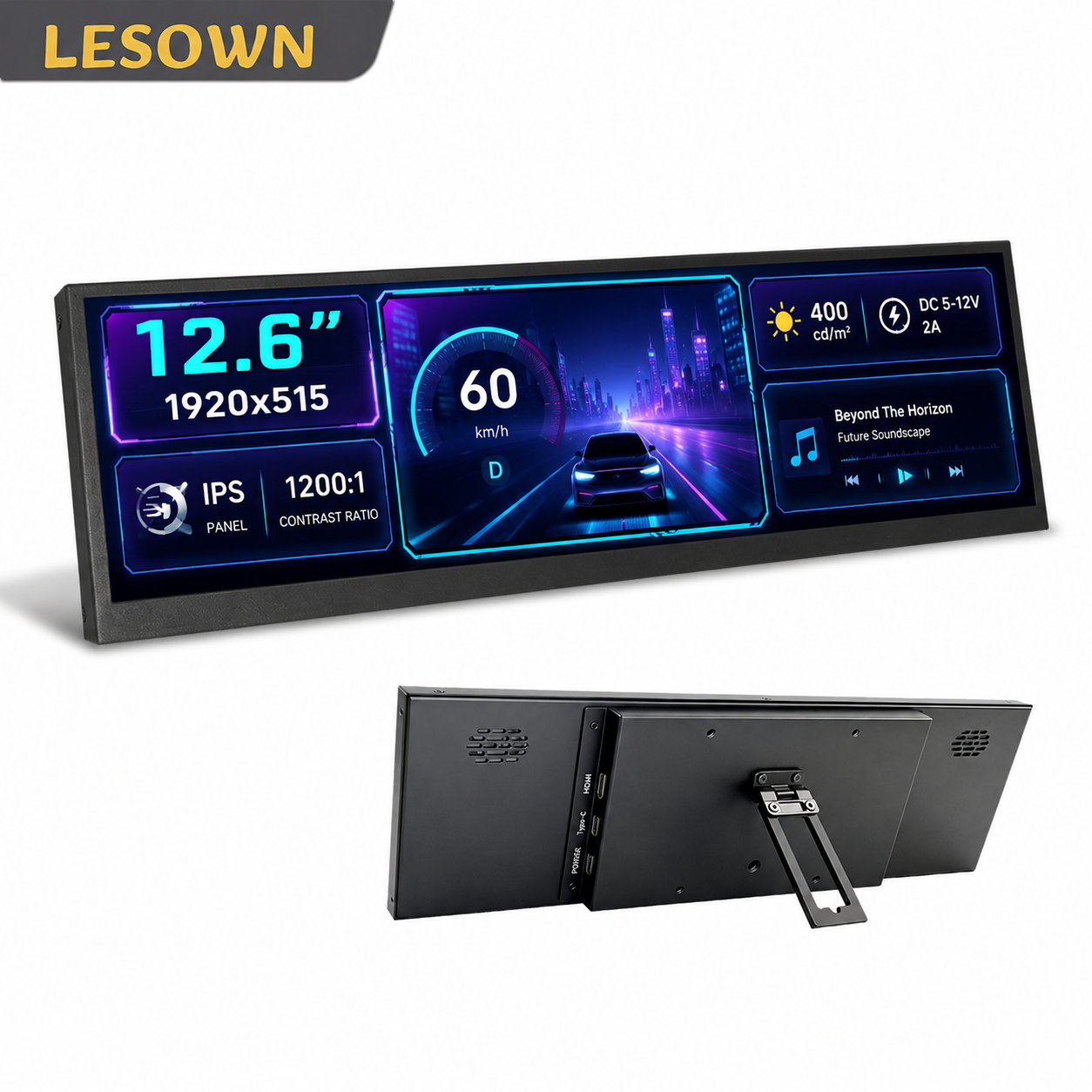 LESOWN 12.6 インチ ポータブル ゲーム モニター 60Hz 45% NTSC スリム ディスプレイ スピーカー付き Steam デッキ用インスタント接続
