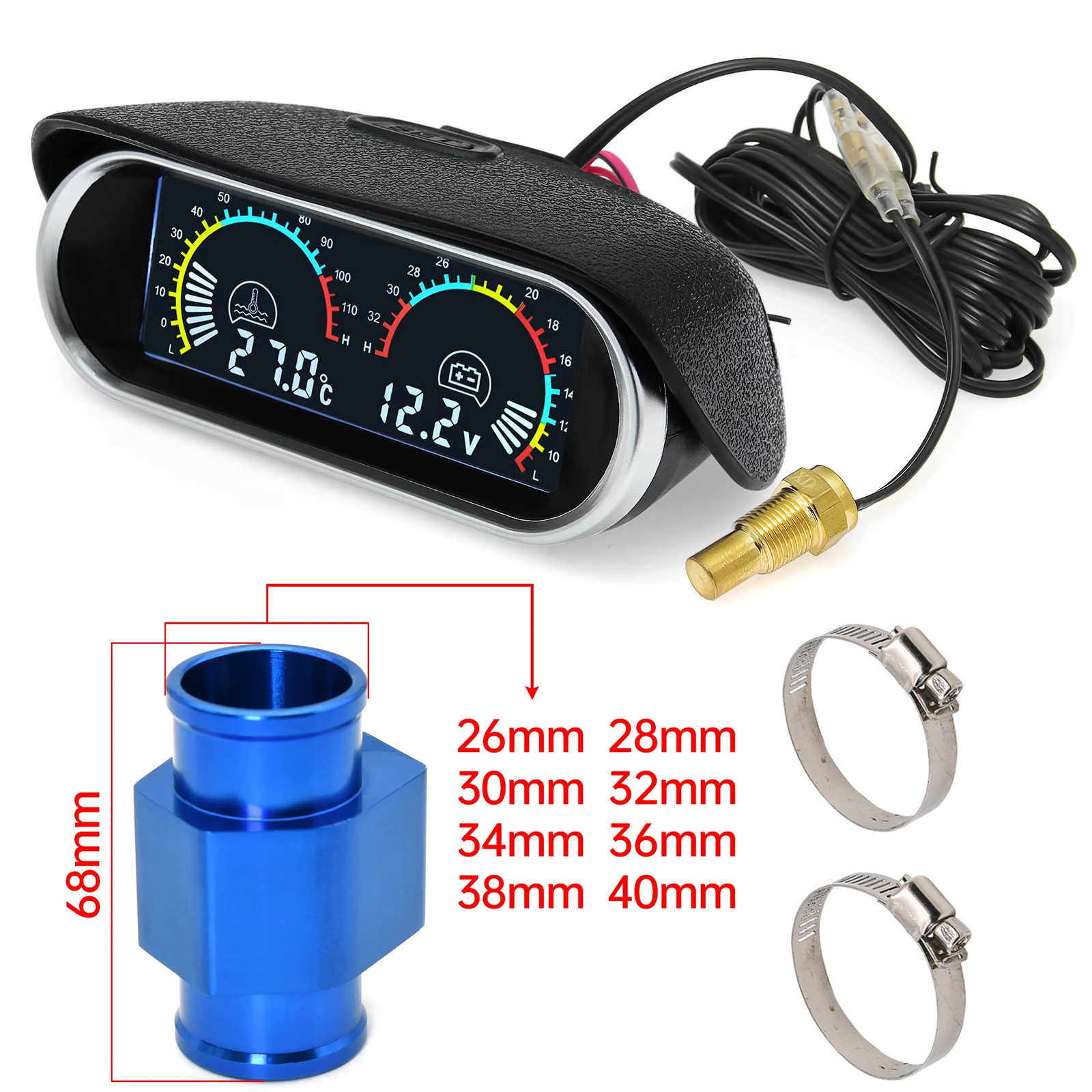 2 in 1 LCD デジタル車のトラックゲージ水温計電圧計 1/8 NPT 温度センサー 12V 24V ユニバーサル自動車アクセサリー