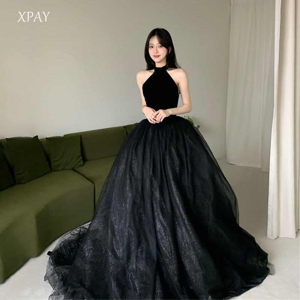 XPAY トゥインクル ハイネック イブニング ドレス Koren 写真撮影 A ライン ベルベットとソフト チュール フォーマル オケージョン ドレス カスタマイズ 웨딩드레