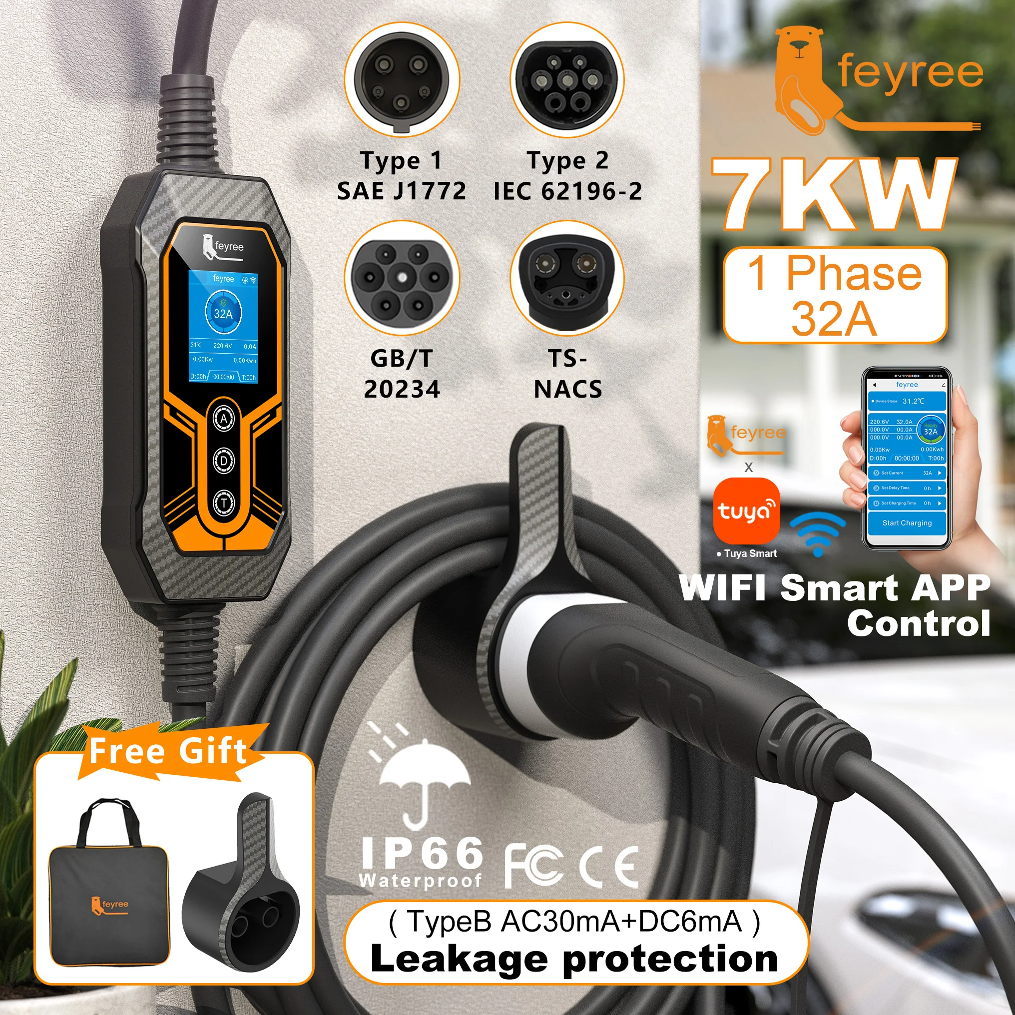 Feyree Type2 32A 7KW 単相 Wi-Fi APP 制御 Type1 / GBT / TS-NACS コード 家庭用