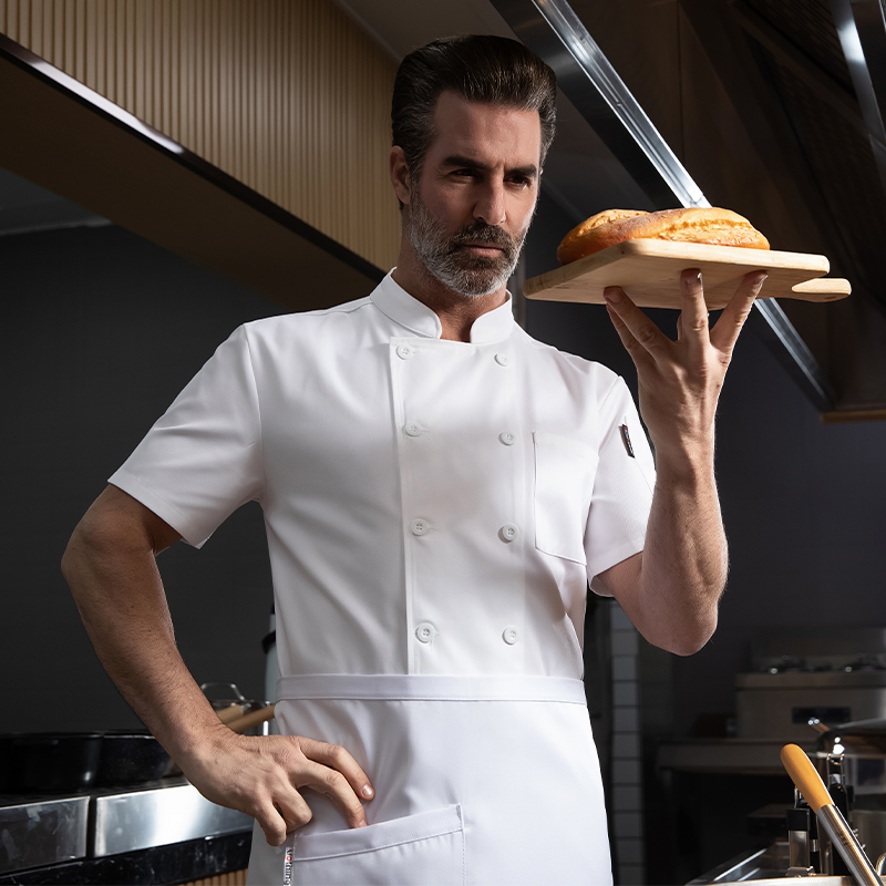 ハイエンド綿シェフ制服ホテルのキッチン服夏のクッキングシャツケータリングベーカリーカフェオーバーオールダブルブレストクックジャッケ