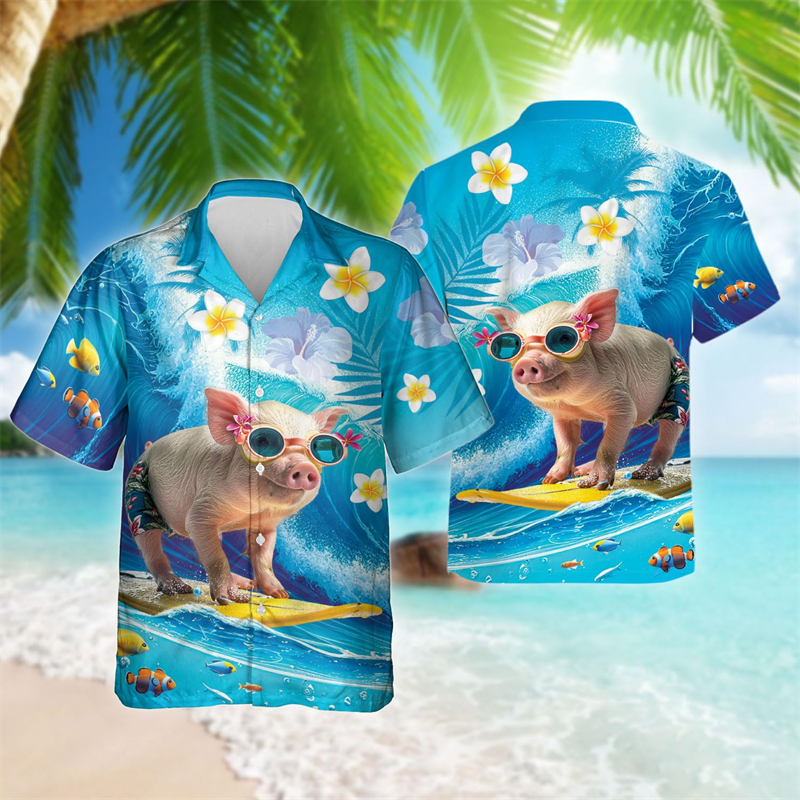 面白い動物豚 3D プリントビーチシャツかわいいペットグラフィックシャツ男性服カジュアルハワイアンサーフィン半袖少年ブラウス