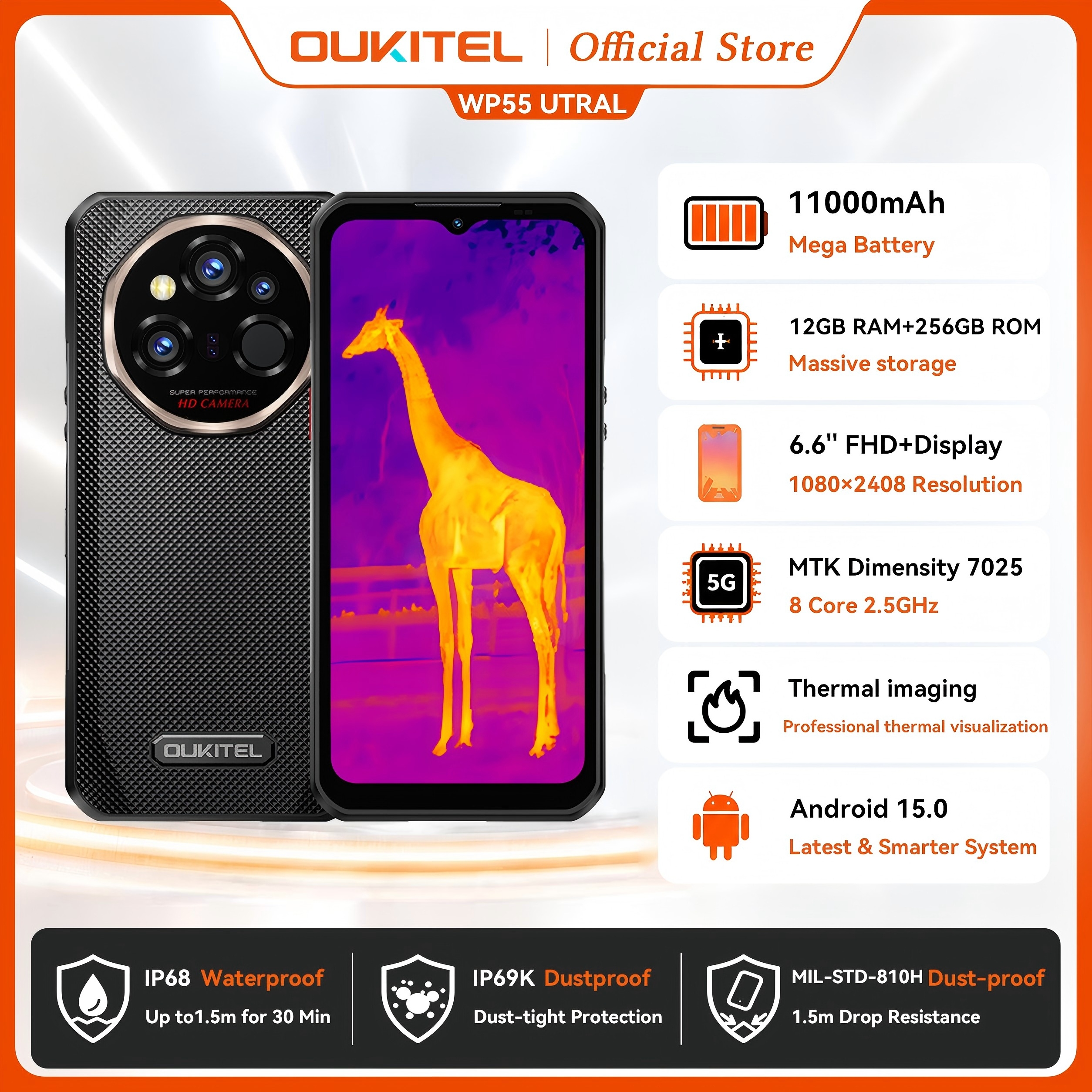 OUKITEL WP55 超頑丈な携帯電話 - サーマルイメージング 5G MTK 7025、11000mAh、48 512GB、108MP 6.6 インチ NFC Android15 モバイル