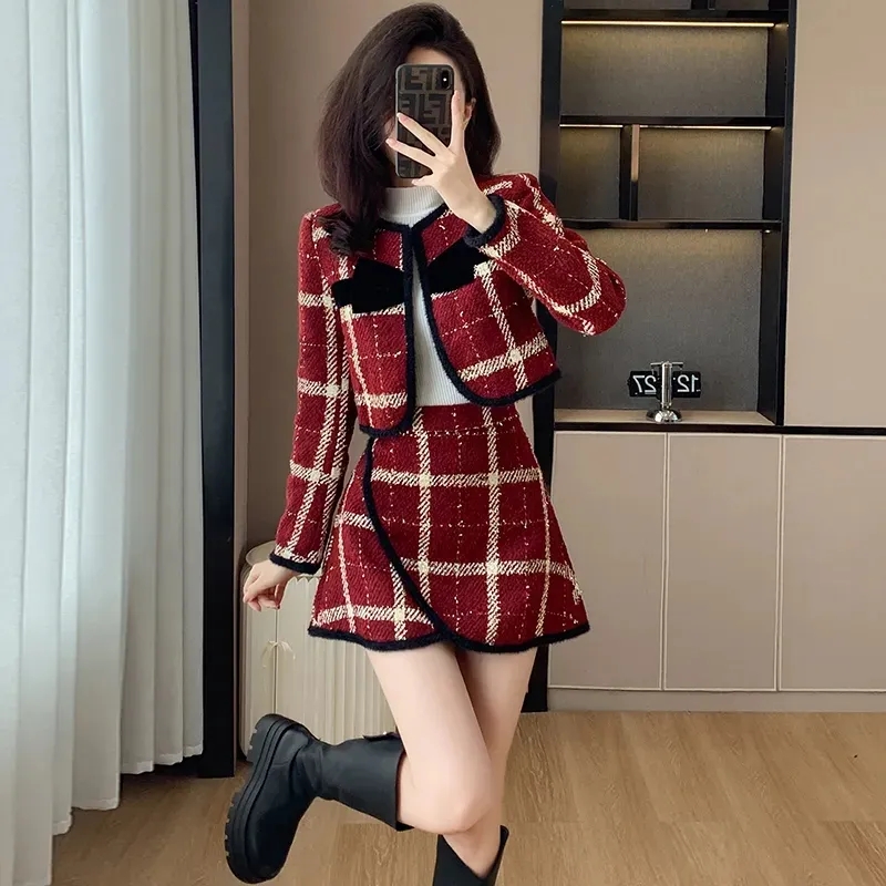 フォーマル Thicke チェック柄コートスカート女性春秋の新シックなセット女性のファッション長袖ルーズチェック柄スカートツーピーススーツ