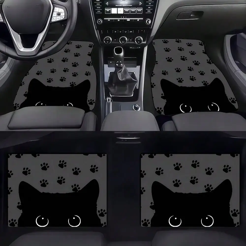 車のフロアマット4枚 - かわいい猫のデザイン、柔らかく快適、車の内装を保護し、セダン、SUVに適しています。