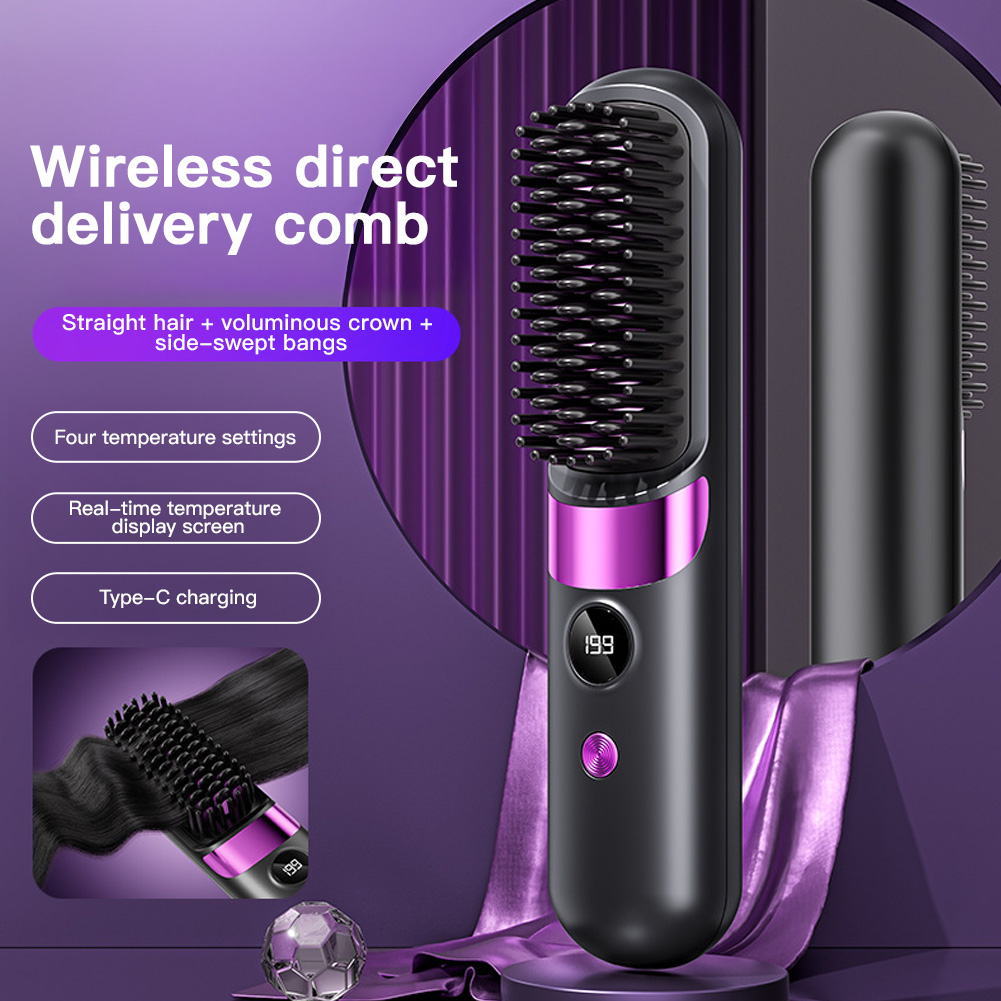 ストレートヘアアイロンブラシ LCDディスプレイ付き コードレスUSB充電ストレートアイロン ポータブルミニストレートブラシ 家庭旅行用