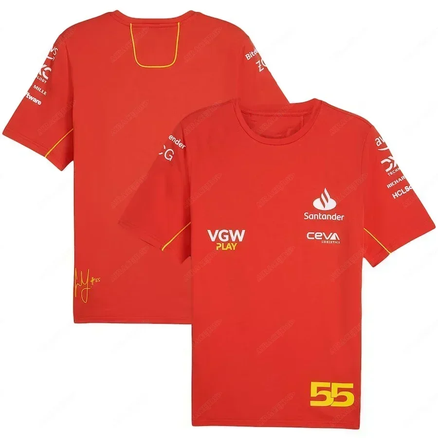 フェラーリ Tシャツドライバー ルクレール 16 サインツ 55 公式チーム夏モータースポーツレーシングレッド速乾性通気性