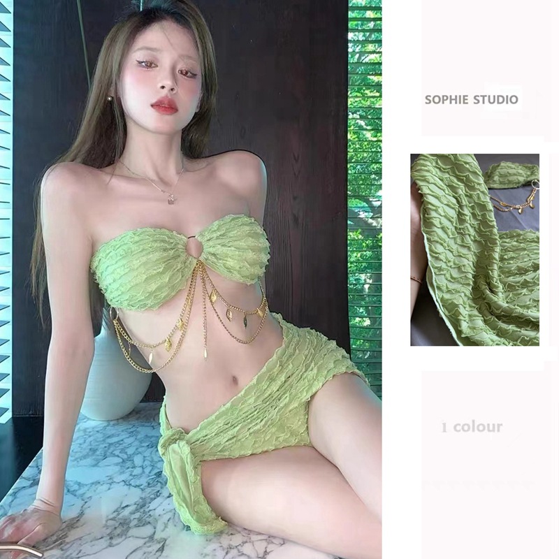 セクシーなリフティングビキニセット 3 ピース水着ラップカバーアップ痩身水着温泉旅行インスタグラムトライアングルビーチウェア