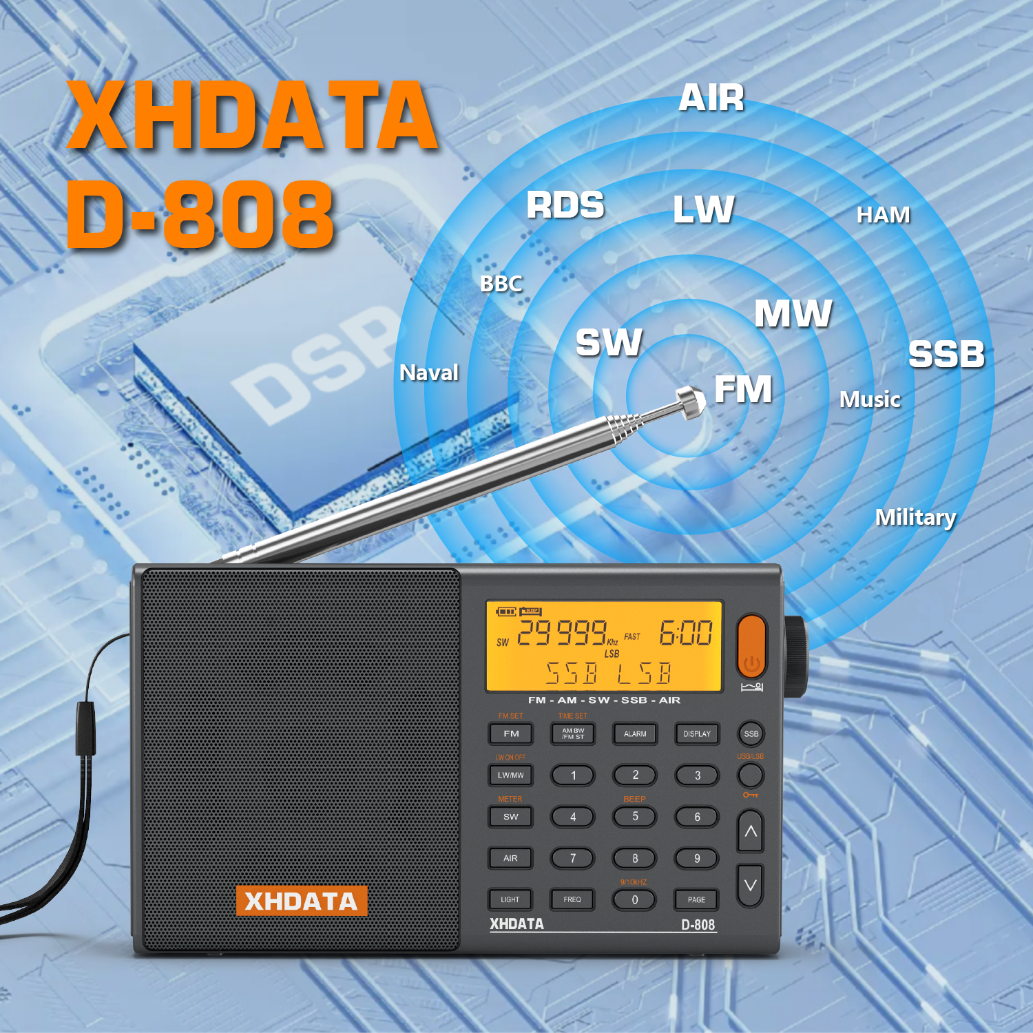XHDATA D808 AM/FM/SW/MW SSB AIR RDS フルバンドポータブルラジオ多機能ディープサウンドステレオ充電式ラジオ受信機