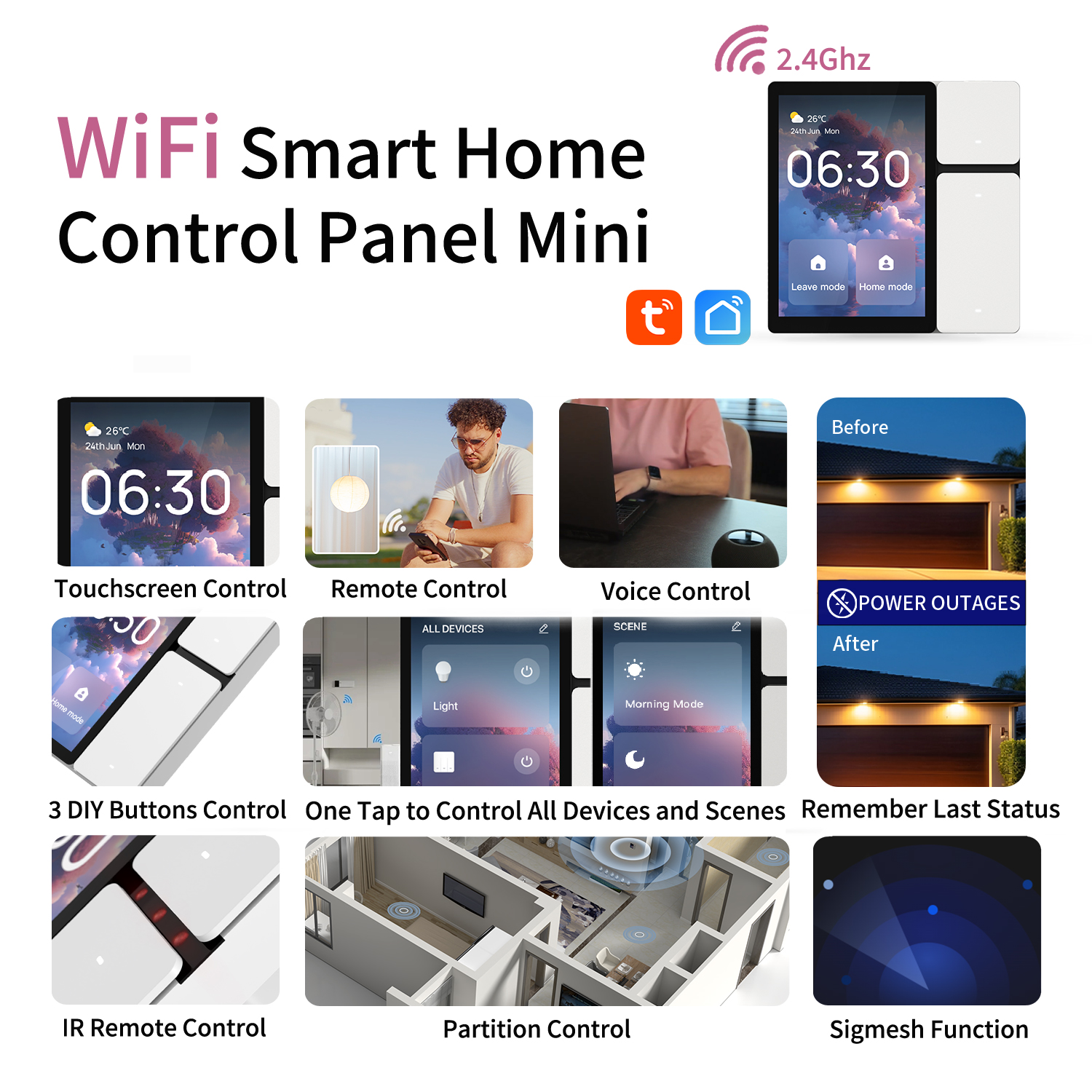 3 スイッチ WiFi スマート パネル、3.5 インチ タッチ LCD、SigMesh、IR リモコン。Tuya/スマート ライフ アプリと連携。FCC/ETL 認定。TONGOU