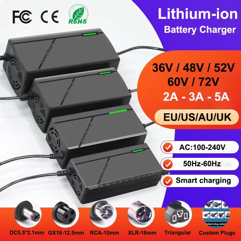 36V 48V 52V 60V 72V 充電器 2A 3A 5A インテリジェント高速充電 10S 13S 14S 16S 20S 42V 54.6V 58.8V 67.2V 84V バッテリーパック