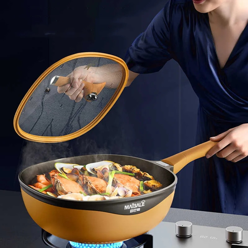 Maibole チタン 32cm 中華鍋 石鋳造パン ノンスティックコーティング付き IH コンロやガスコンロでの調理用 垂直鍋蓋