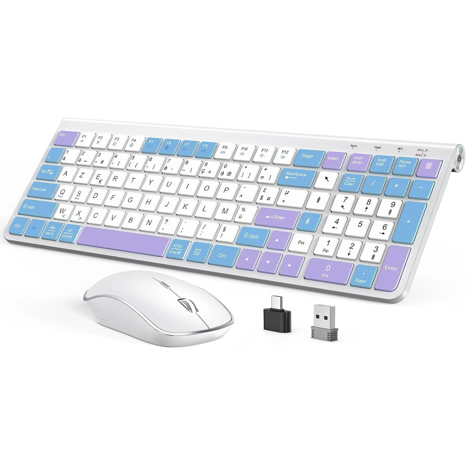 人間工学に基づいたワイヤレス キーボードとマウス、AZERTY、フランス、静かでポータブル、USB-A および USB-C ポートを備え、Mac/PC/に適しています。