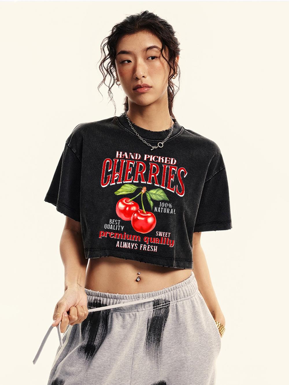 女性綿作物洗浄 Tシャツ手摘みチェリープリント半袖オーバーサイズ O ネックユーズド加工トップス女性のストリート服