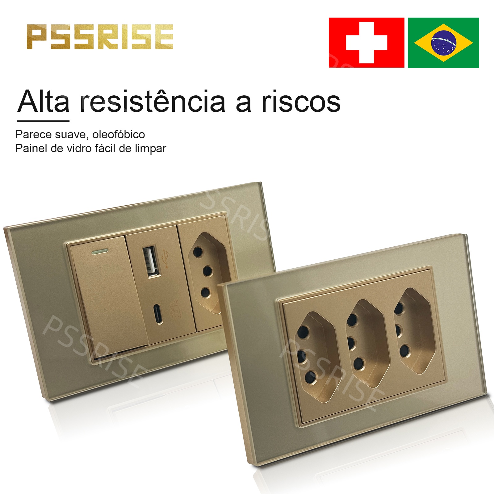 PSSRISE ゴールド強化ガラス標準ソケットとスイッチブラジルデュアル Usb タイプ C 壁ソケットライトスイッチ 10A 20A tomada vidro